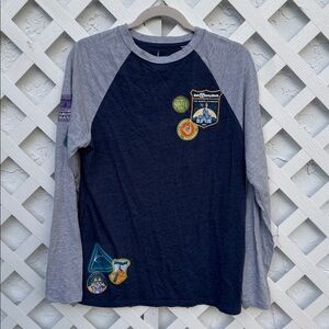 Disney Parks Navy and Gray Baseball Shirt with Ride Patches